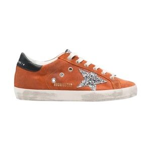 Golden Goose Superstar Orange Suede Sneakers with Silver Glitter Star